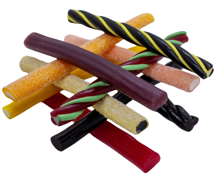 sticks of liquorice and candies in a Jenga pattern for saint valentines liquorice company