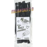 Hand-cut Italian salt liquorice twists from Gelco. Chewy, pliable, intensely salty. 4 sticks, 130g biodegradable bag. A Saint Valentine's original — back and better than ever.