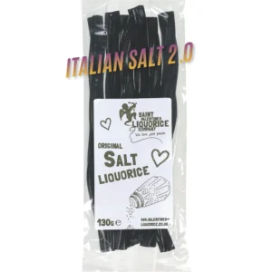 Hand-cut Italian salt liquorice twists from Gelco. Chewy, pliable, intensely salty. 4 sticks, 130g biodegradable bag. A Saint Valentine's original — back and better than ever.